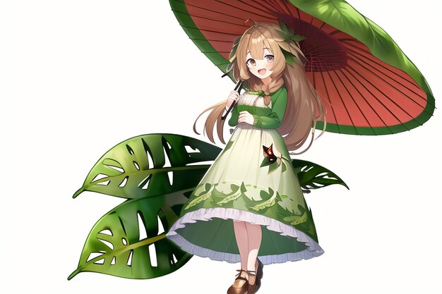 Anime girl with a green dress and a green umbrella