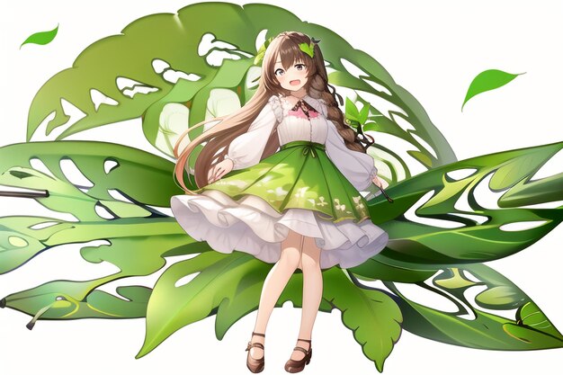 Anime girl with a green dress and a white shirt with a red bow on her head