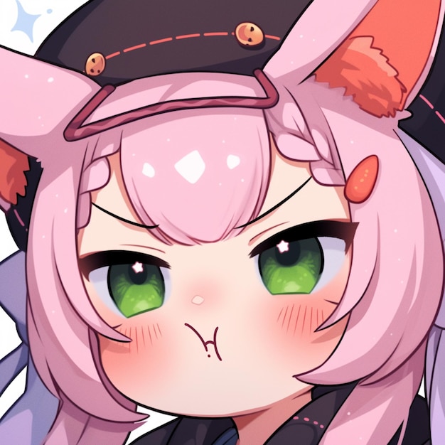 anime girl with green eyes and pink hair wearing a black hat generative ai