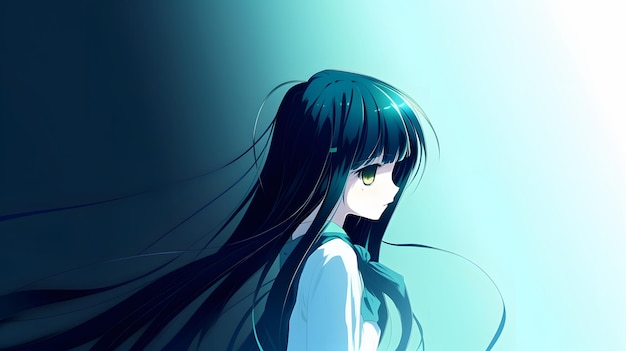 녹색 머리와 파란색 셔츠를 입은 애니메이션 소녀