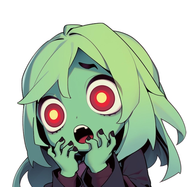 anime girl with green hair and red eyes talking on a cell phone generative ai