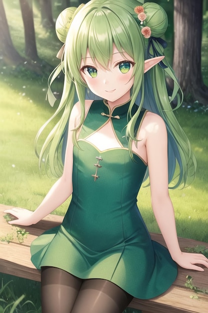 Anime girl with green hair sitting on a bench