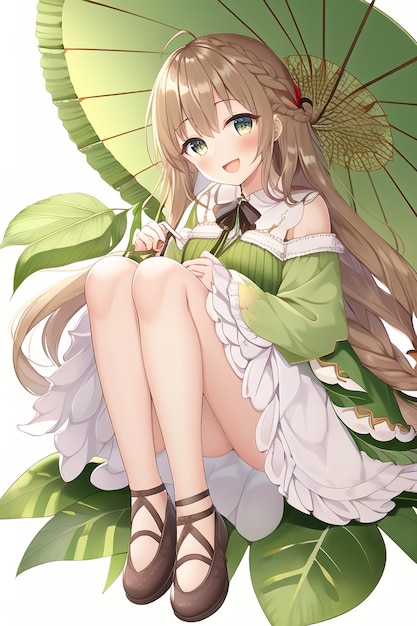 Anime girl with a green umbrella