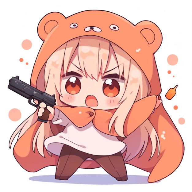 Anime girl with a gun and a bear hat generative ai