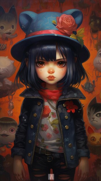Anime girl with a hat and a cat on her head generative ai