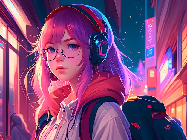 Anime girl with headphone lofi illustration