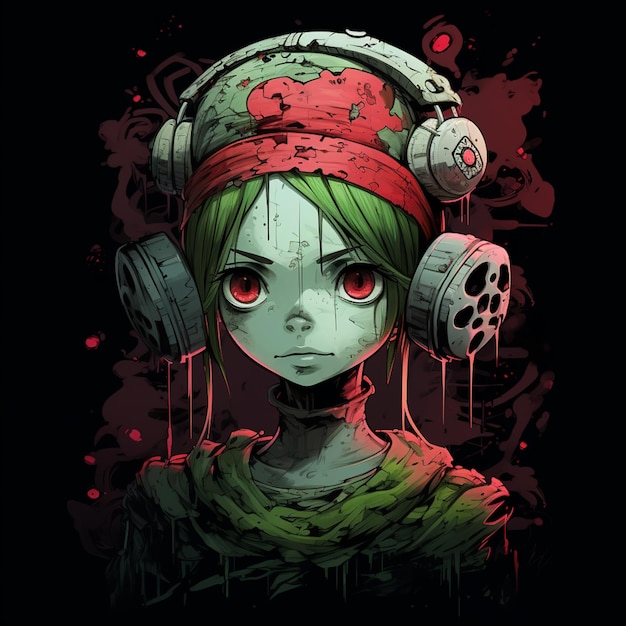 anime girl with headphones and blood splattered on her face generative ai