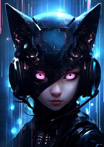 Anime girl with headphones and cat ears in front of a glowing background generative ai