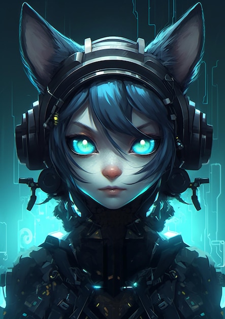 Anime girl with headphones and glowing eyes in a futuristic setting generative ai