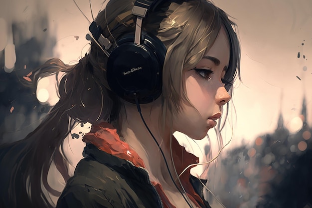 Anime girl with headphones listens music portrait of teenager illustration generative AI