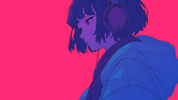 anime girl with headphones on and a pink background