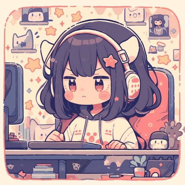 anime girl with headphones sitting at a computer desk with a cat generative ai