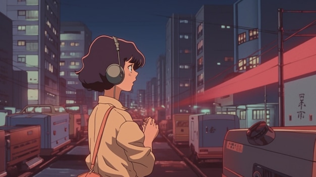 밤 생성 인공 지능에서 도시 거리에 서 있는 헤드폰을 가진 애니메이션 소녀
