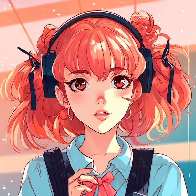 Anime girl with headphones and a tie holding a cell phone generative ai