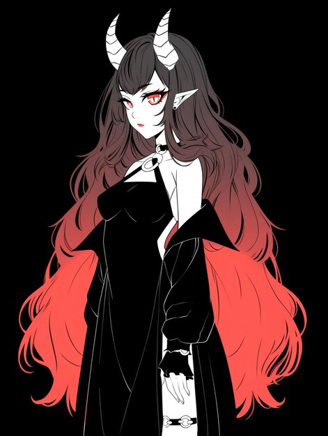 anime girl with horns and a black dress with red hair generative ai