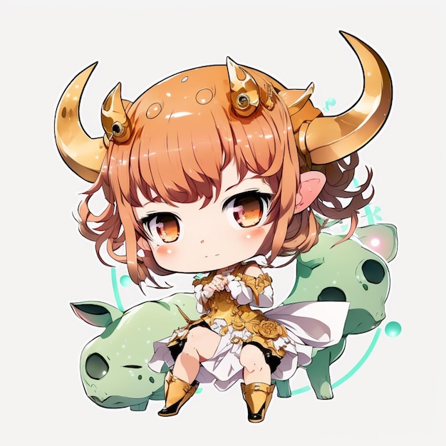 Anime girl with horns and a cat sitting on a cow generative ai