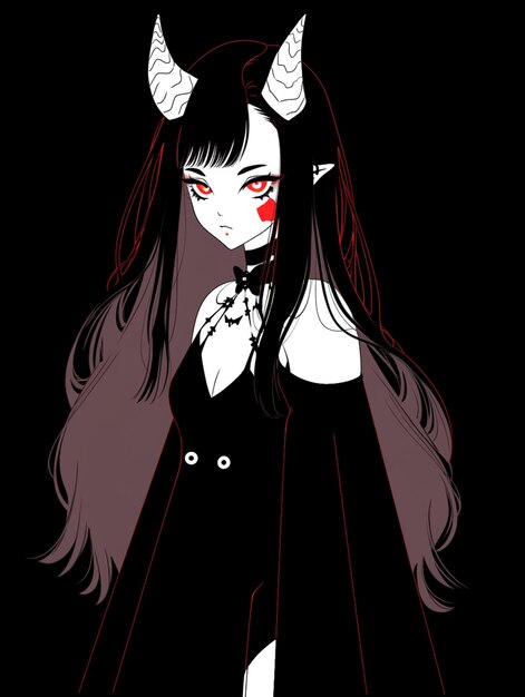 anime girl with horns and red eyes in black dress generative ai