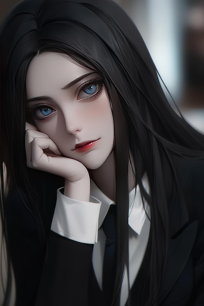 Premium Photo  Anime girl with long black hair and a black suit