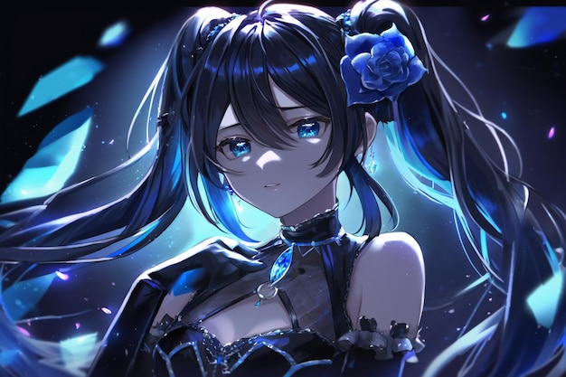 Anime girl with long black hair and blue eyes generative ai