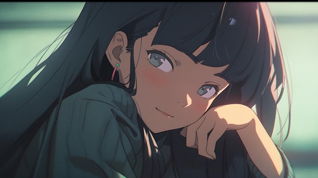 Anime girl with long black hair and blue eyes looking at camera generative ai