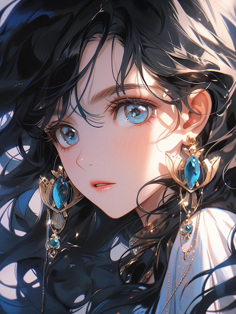 Anime girl with long black hair and blue eyes with earrings generative ai