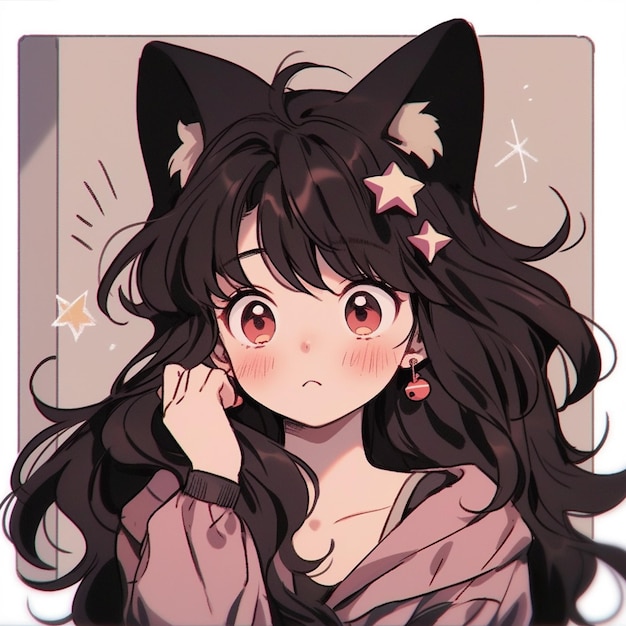 Anime girl with long black hair and cat ears generative ai