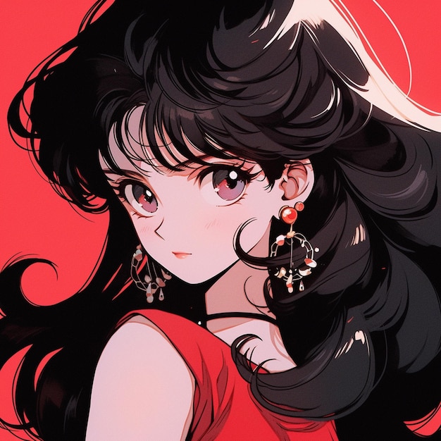 Premium Ai Image Anime Girl With Long Black Hair And Earrings In Red Dress Generative Ai 