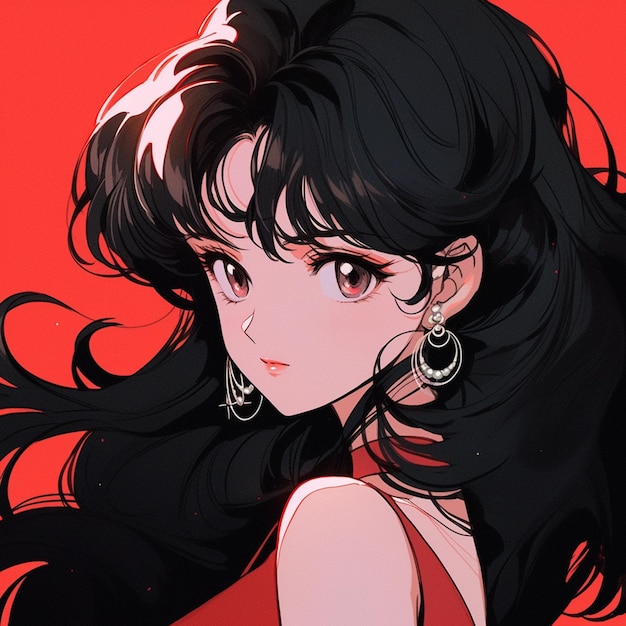 Premium Ai Image Anime Girl With Long Black Hair And Earrings In Red Dress Generative Ai 