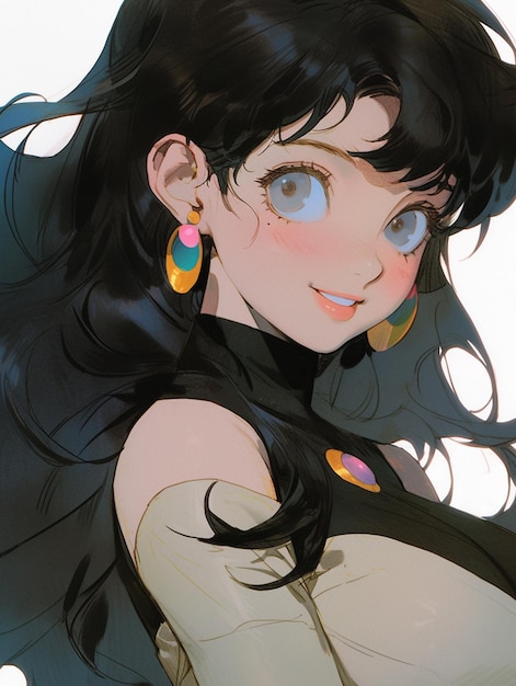 Anime girl with long black hair and earrings wearing a black top generative ai