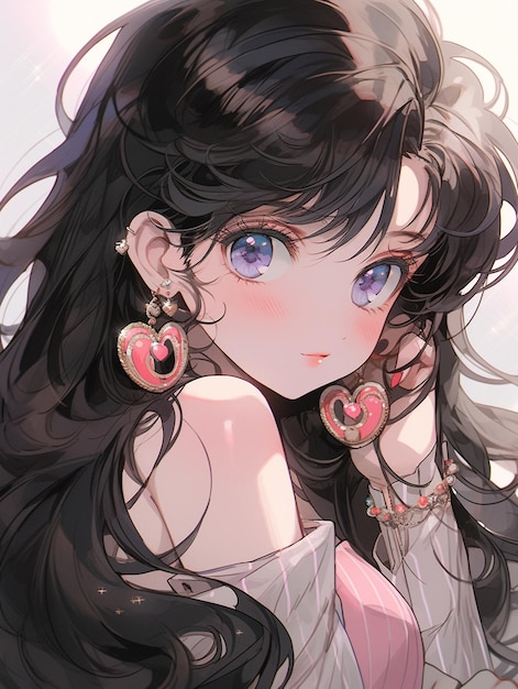 Anime girl with long black hair and heart earrings generative ai