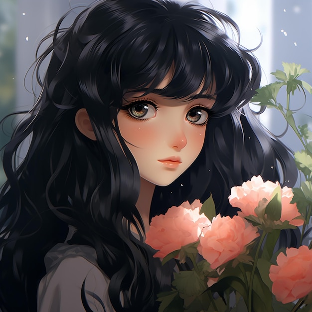 anime girl with long black hair holding a bouquet of flowers generative ai