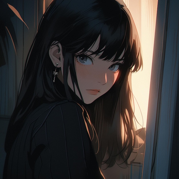 dark anime girl with blue hairs in library, AI Generated 23006684