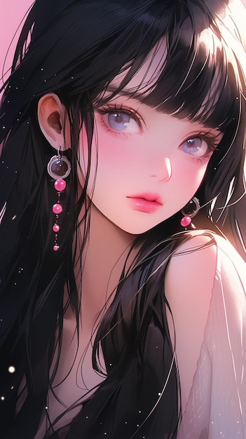 anime girl with long black hair and pink earrings posing for a picture generative ai