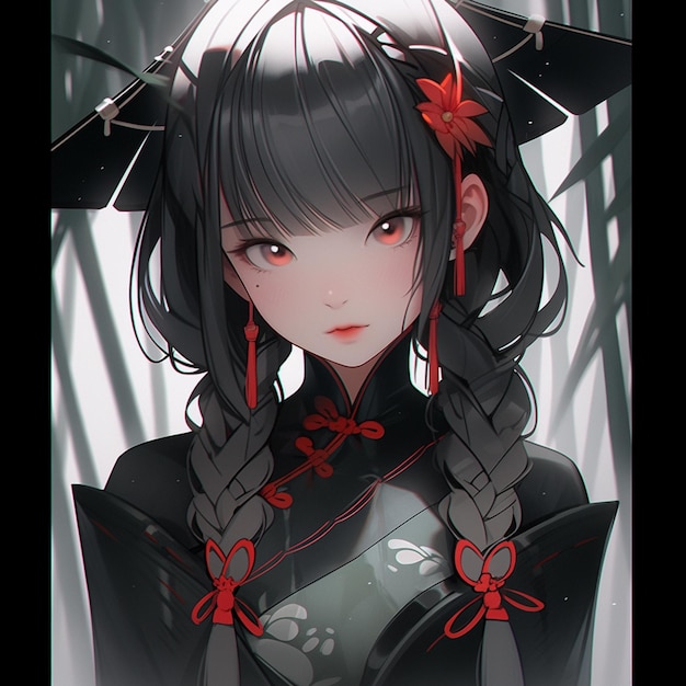 anime girl with long black hair and red bows in a black dress generative ai