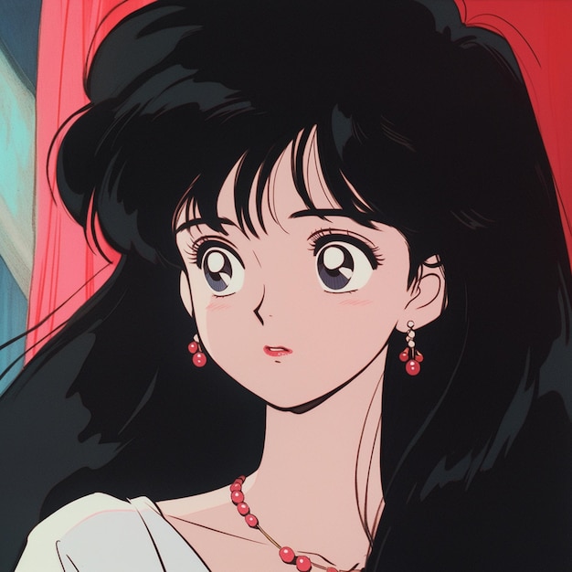 anime girl with long black hair and red earrings looking at the camera generative ai