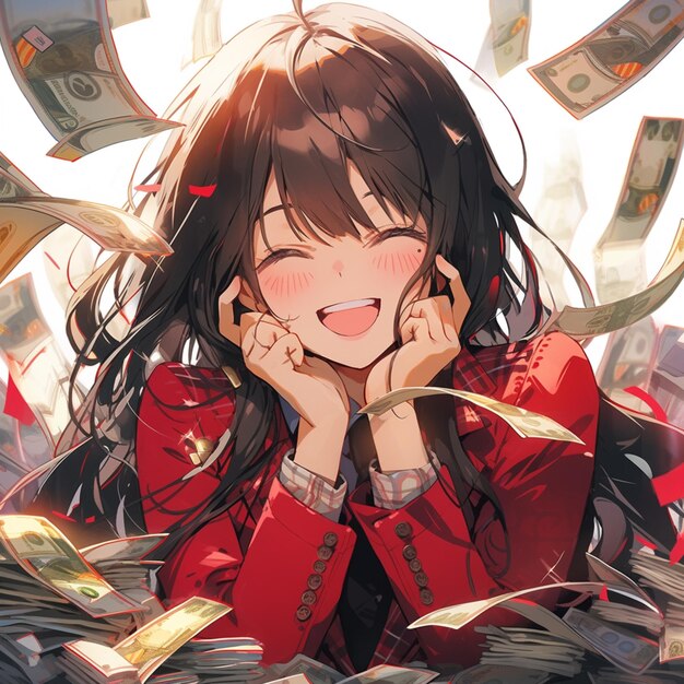 Anime girl with long black hair and red jacket sitting in a pile of money generative ai