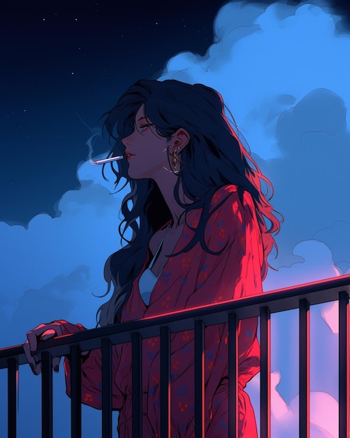 Premium AI Image  Anime girl with long black hair standing on a balcony  railing generative ai