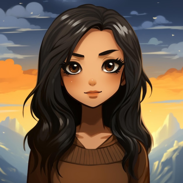 Photo anime girl with long black hair standing in front of mountains