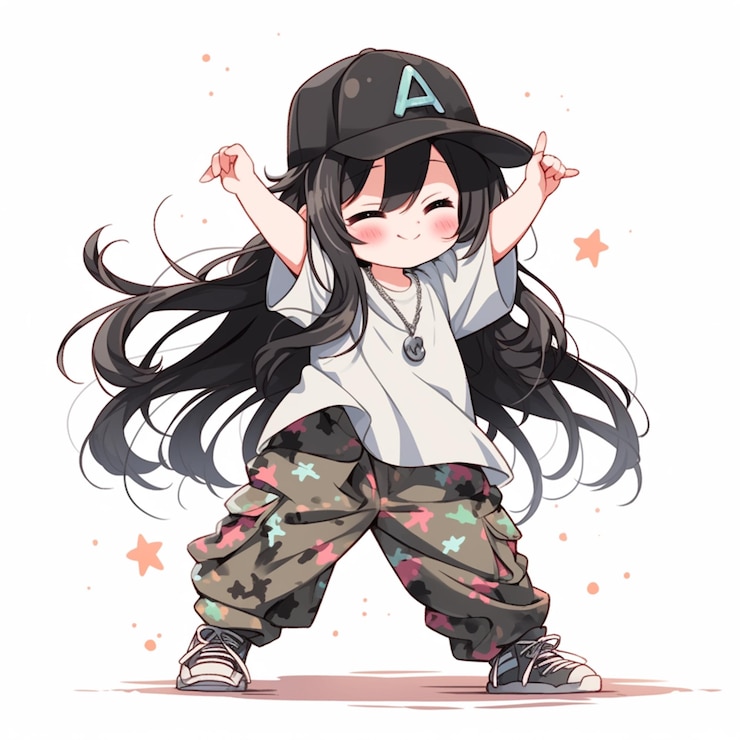 Photo 野球帽とズボンを着た長い黒髪のアニメの女の子の生成ai