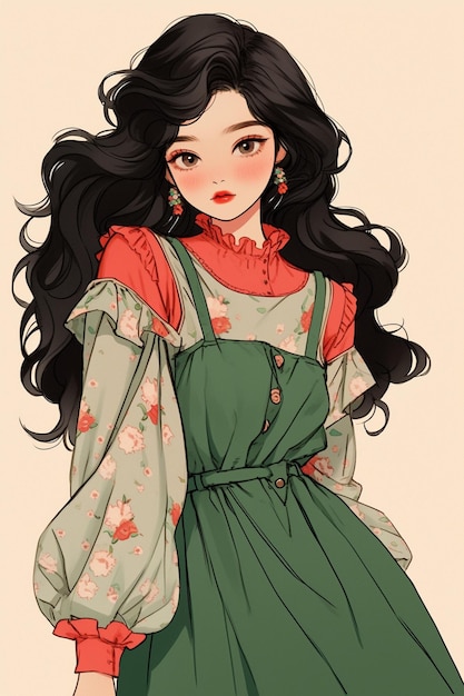 긴 검은 머리카락과 녹색 드레스와 빨간 블라우스를 입은 애니메이션 소녀