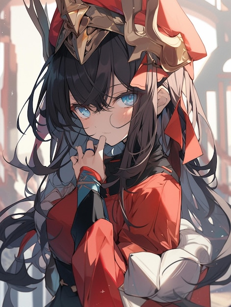 Anime girl with long black hair wearing a red hat and a red coat generative ai