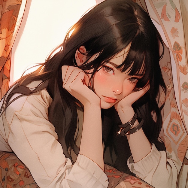 Anime girl with long black hair and white shirt sitting on a chair generative ai