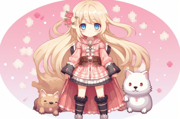 An anime girl with long blonde hair and a pink dress standing next to two cats