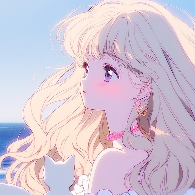 Anime girl with long blonde hair and pink earrings looking out over the ocean generative ai