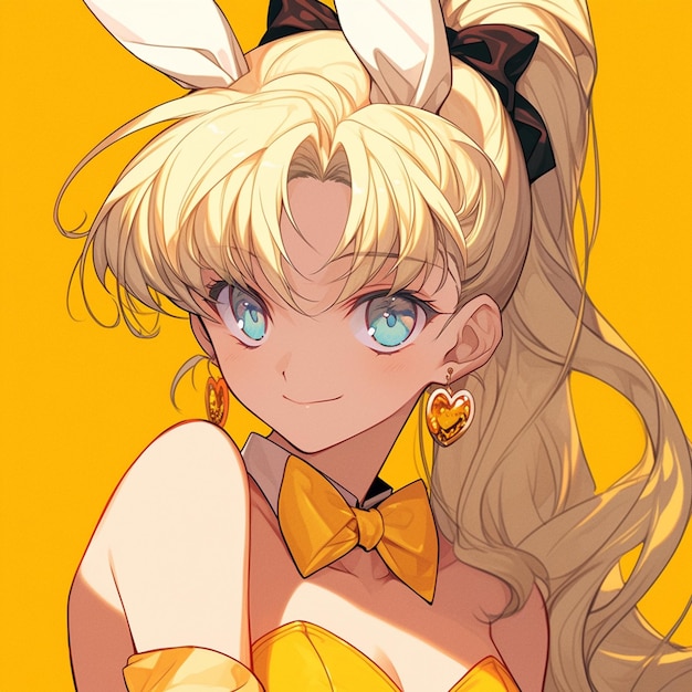 Anime girl with long blonde hair wearing bunny ears and a yellow dress generative ai