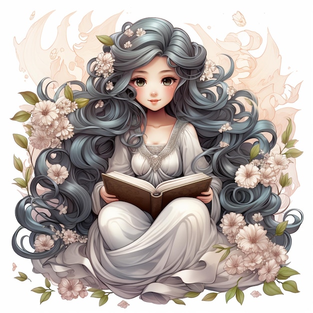 anime girl with long blue hair reading a book in a garden generative ai