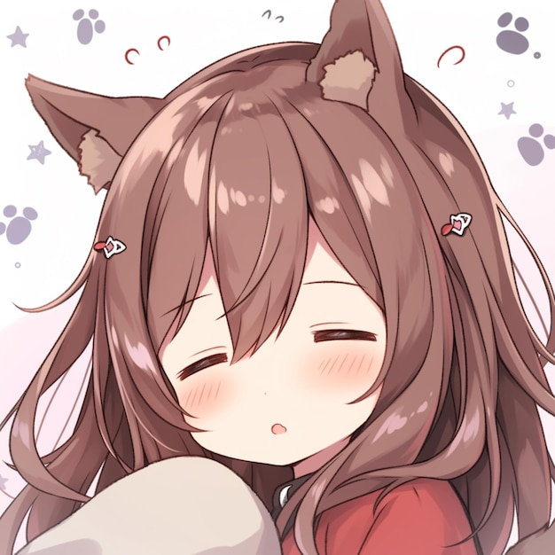 anime girl with long brown hair and cat ears hugging a pillow generative ai