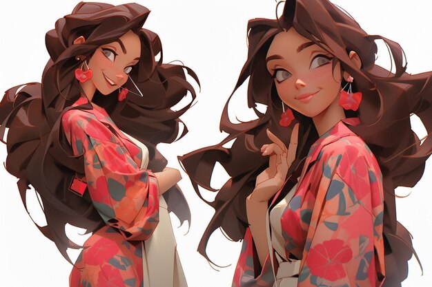 Photo anime girl with long brown hair and earrings posing for a picture generative ai