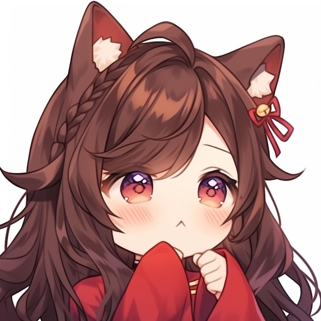 anime girl with long brown hair and red dress with cat ears generative ai