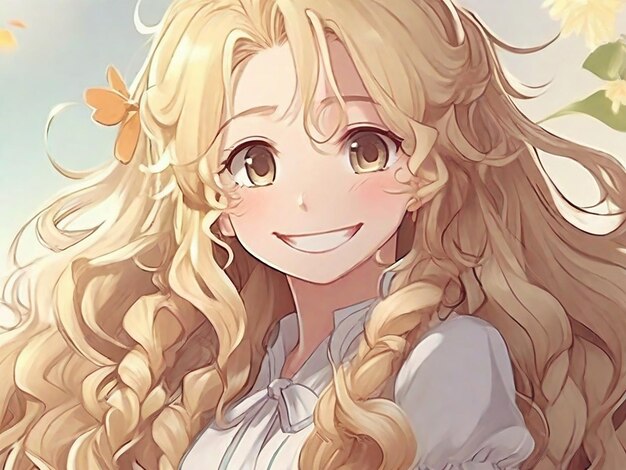 Photo an anime girl with long curly blonde hair and a gentle smile